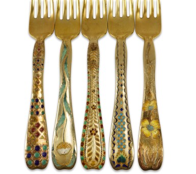 View full screen - View 1 of Lot 803. Rare American Silver-Gilt and Enamel Lap Over Edge Dessert Flatware Service, Tiffany & Co., New York, Circa 1890.