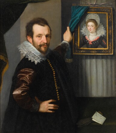 View full screen - View 1 of Lot 9. ITALO-FLEMISH SCHOOL, 17TH CENTURY | A portrait of a gentleman standing beside a framed portrait of a lady, with his right hand on his hip and a letter and gloves resting on a table.