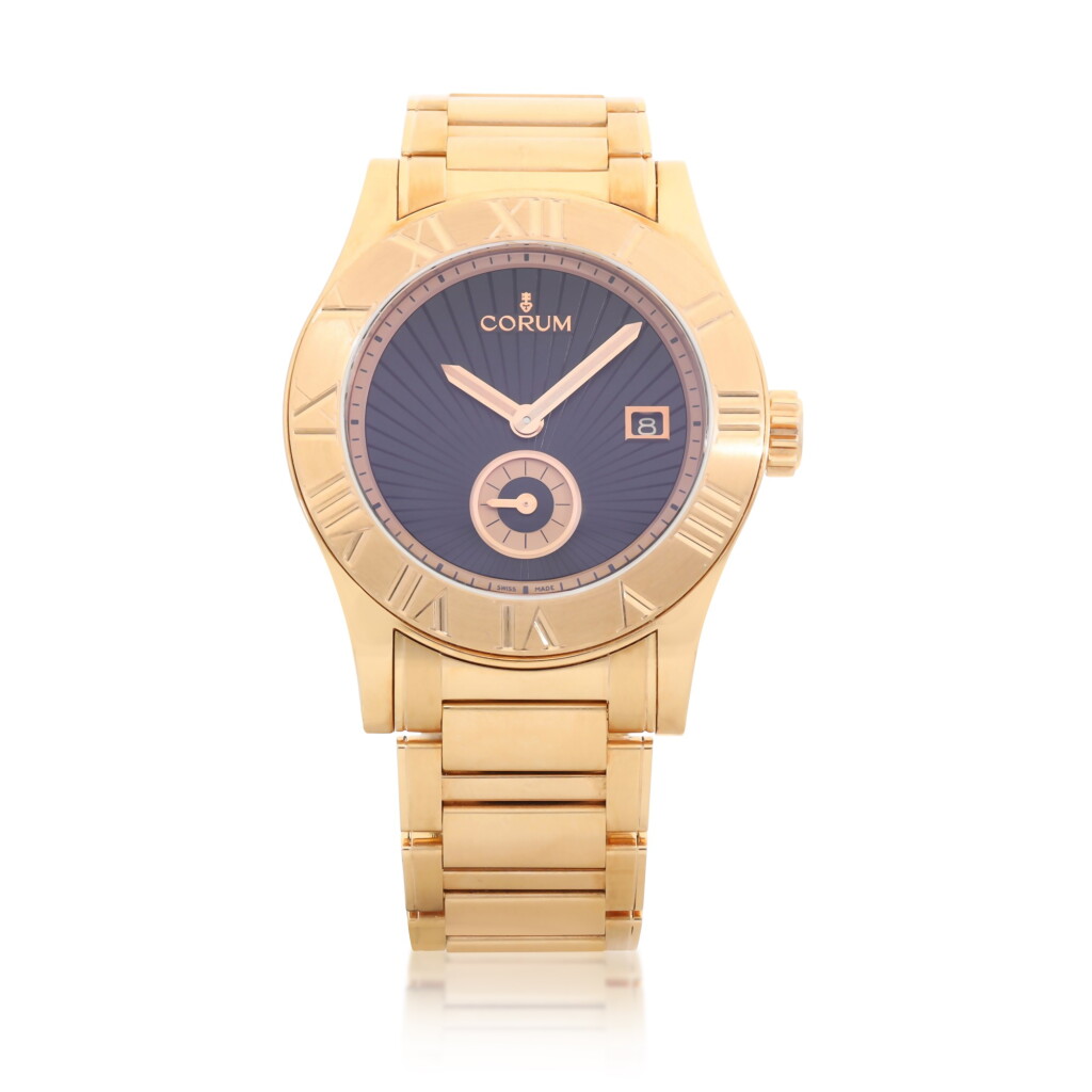 View full screen - View 1 of Lot 9322. Corum | Romvlvs, Reference 295.510.55, A pink gold wristwatch with date and bracelet, Circa 2011 | 昆侖 | Romvlvs 型號295.510.55 粉紅金鏈帶腕錶,備日期顯示,約2011年製.