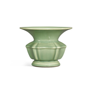 View full screen - View 1 of Lot 142. A celadon-glazed zhadou, Seal mark and period of Qianlong | 清乾隆 豆青釉六棱式渣斗 《大清乾隆年製》款.