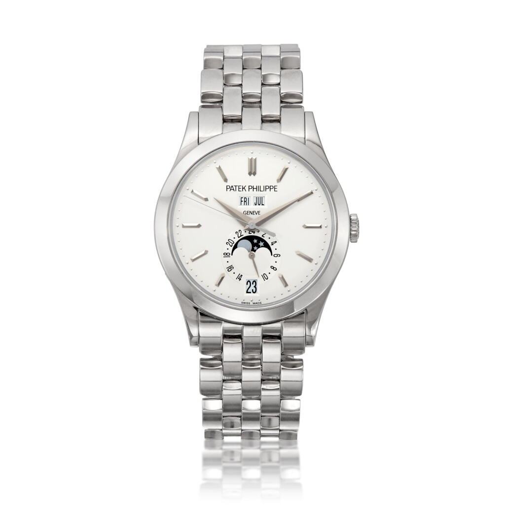 View full screen - View 1 of Lot 141. Reference 5396/1G-001, A white gold automatic annual calendar wristwatch with moon phases and bracelet, Circa 2017 百達翡麗 5396/1G-001 型號白金自動上鏈年曆鍊帶腕錶備月相顯示,約2017年製.