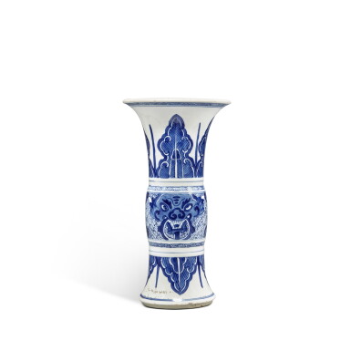 View full screen - View 1 of Lot 74. A blue and white 'taotie' beaker vase, Qing dynasty, Kangxi period.