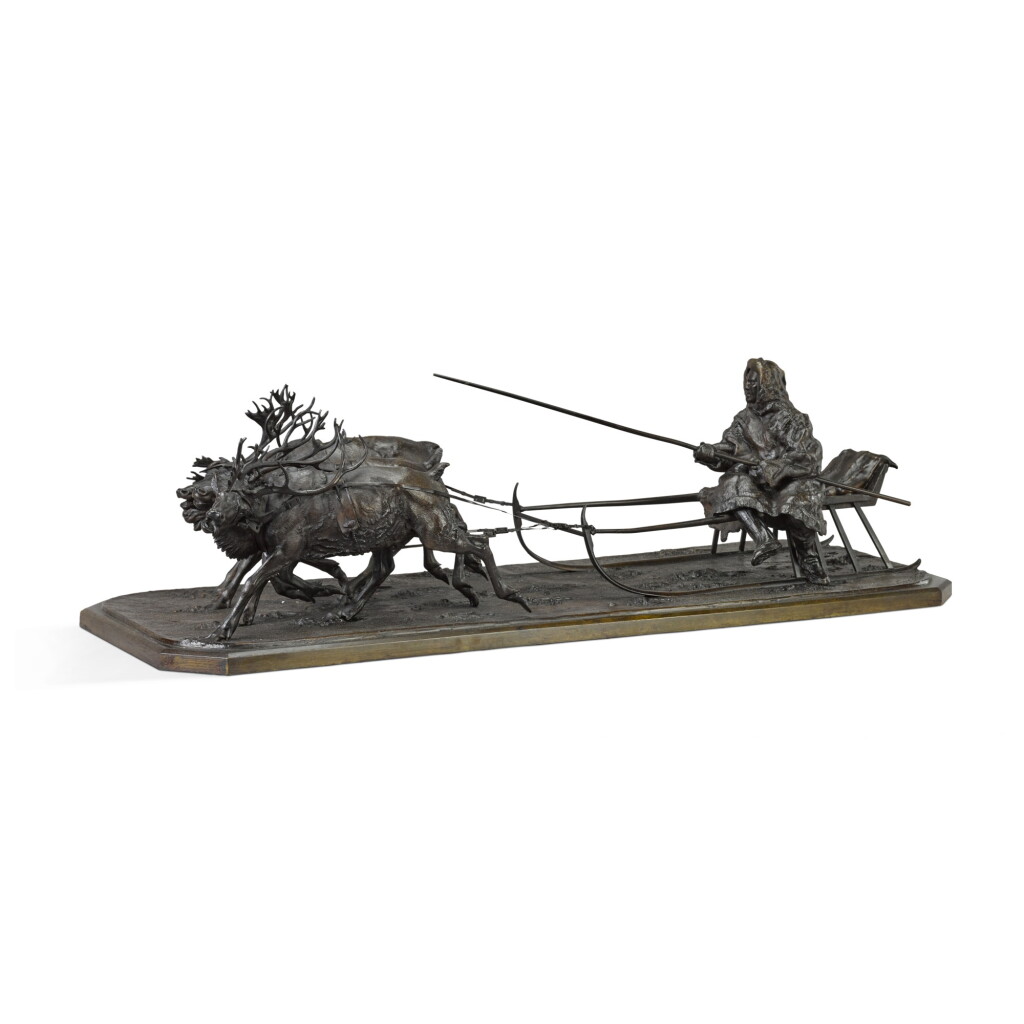 View full screen - View 1 of Lot 155. A traveller on a reindeer-drawn sleigh: a bronze figural group, Lieberich, late 19th century.