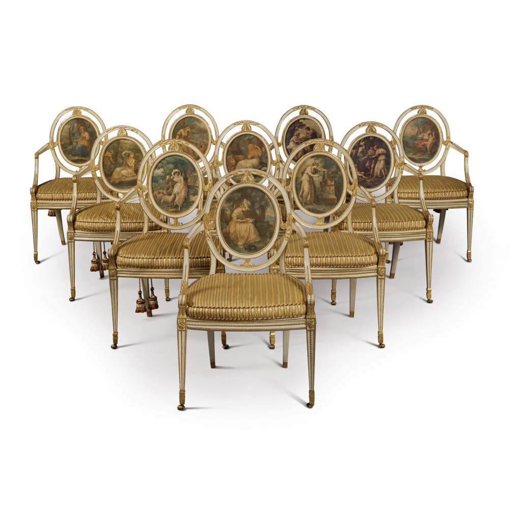 View full screen - View 1 of Lot 1155. A Set of Eight George III Parcel-Gilt and White-Painted Open Armchairs together with a Matching Triple Back Settee, Attributed to George Brookshaw, Circa 1790.