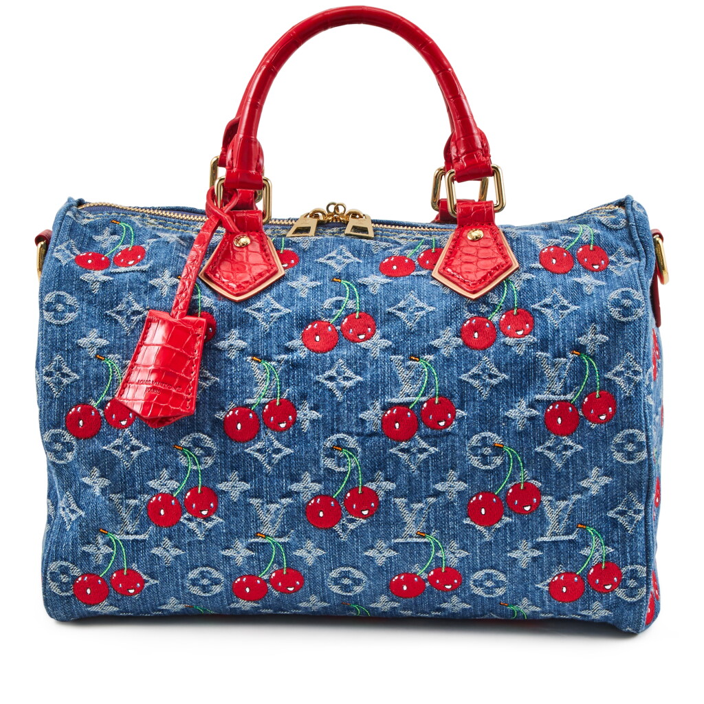 View full screen - View 1 of Lot 160. Takashi Murakami Cherry Monogram Denim and Red Crocodile Speedy 30 Gold Hardware, 2025.