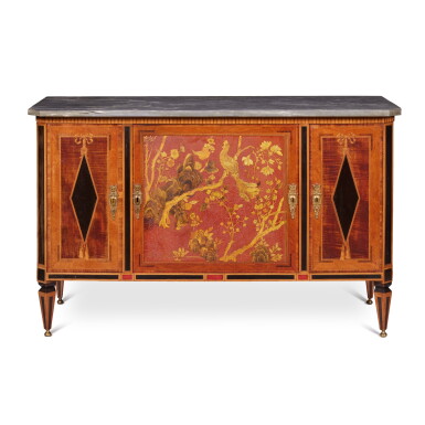 View full screen - View 1 of Lot 144. A Dutch Neoclassical Japanned, Harewood, Satinwood and Ebony Marquetry Buffet, in the Manner of Matthijs Horrix, Probably the Haque, Circa 1790 .