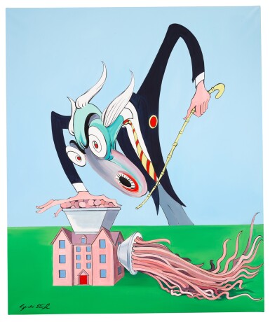 View full screen - View 1 of Lot 318. Gerald Scarfe | Pink Floyd – The Wall | The Teacher and the Mincing Machine, oil on canvas.