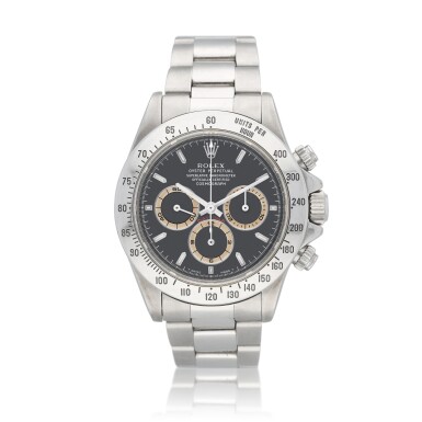 View full screen - View 1 of Lot 60. 'Patrizzi Dial Zenith' Daytona, Ref. 16520, Stainless steel chronograph wristwatch with bracelet and 'tropical' subsidiary dials Circa 1997 | 勞力士 | 16520型號「'Patrizzi Dial Zenith' Daytona」精鋼計時鍊帶腕錶配熱帶小錶盤,約1997年製.