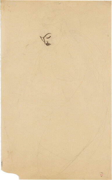 View full screen - View 1 of Lot 93. Femme nue debout, inclinée vers l'avant, esquisse très légère du corps, seul le visage est dessiné.