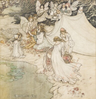 View full screen - View 1 of Lot 5. Arthur Rackham | Original illustration for A Midsummer Night's Dream (She never had so sweet a changeling), 1908.