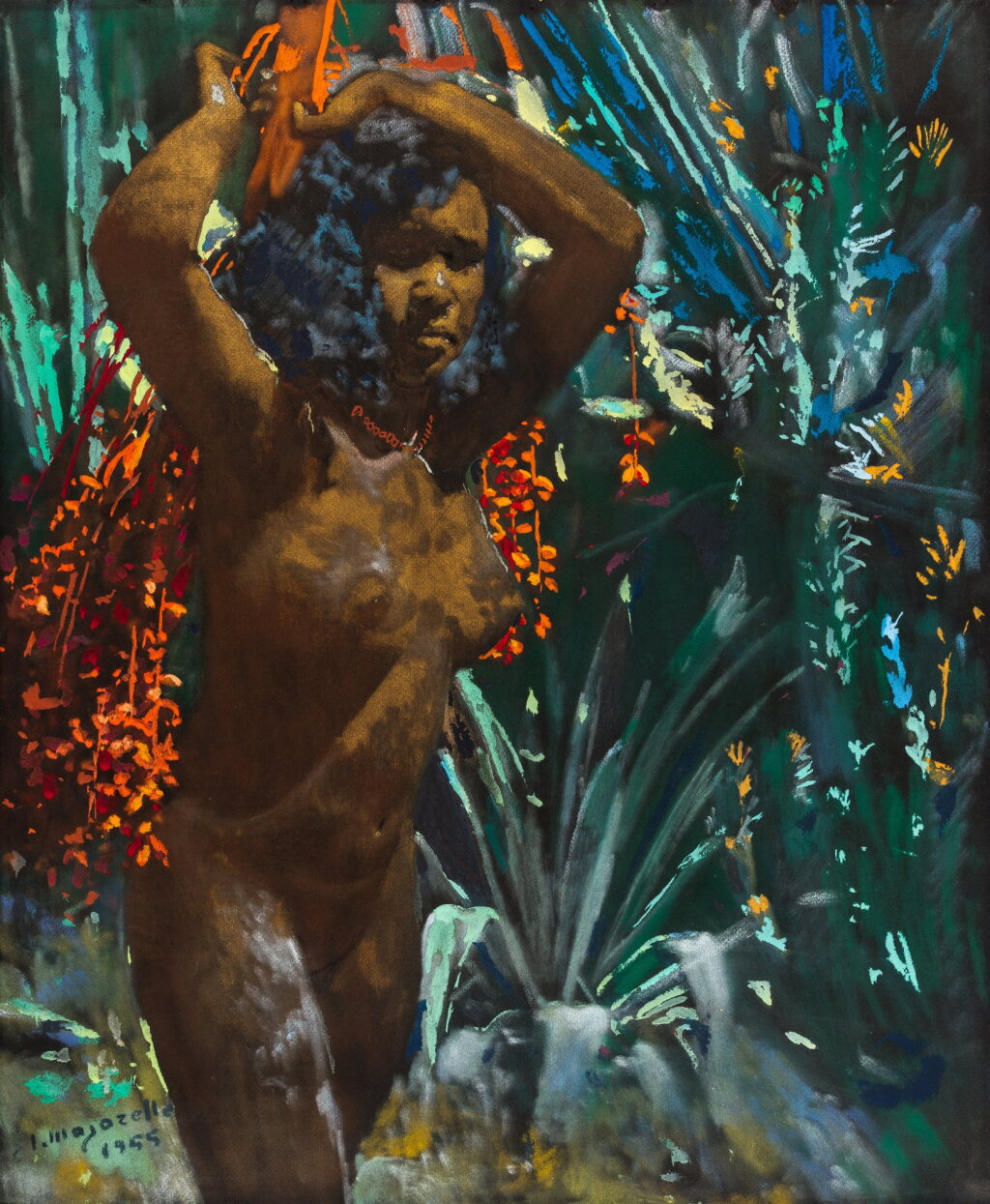 View full screen - View 1 of Lot 61. Woman Carrying Dates in Front of Palm Trees.