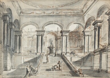 View full screen - View 1 of Lot 150. An elaborate palace courtyard divided by colonnades, with figures on a staircase leading towards a fountain.