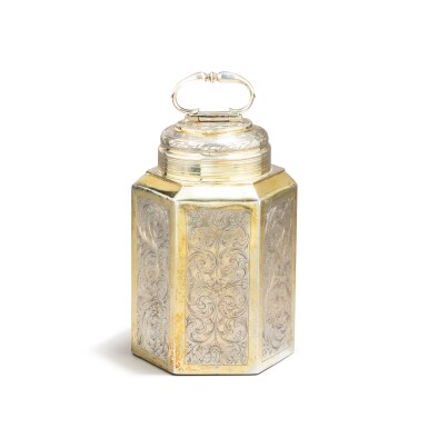 View full screen - View 1 of Lot 295. A large German parcel-gilt silver hexagonal canister, Simon Wickert, Augsburg, circa 1695-1700.
