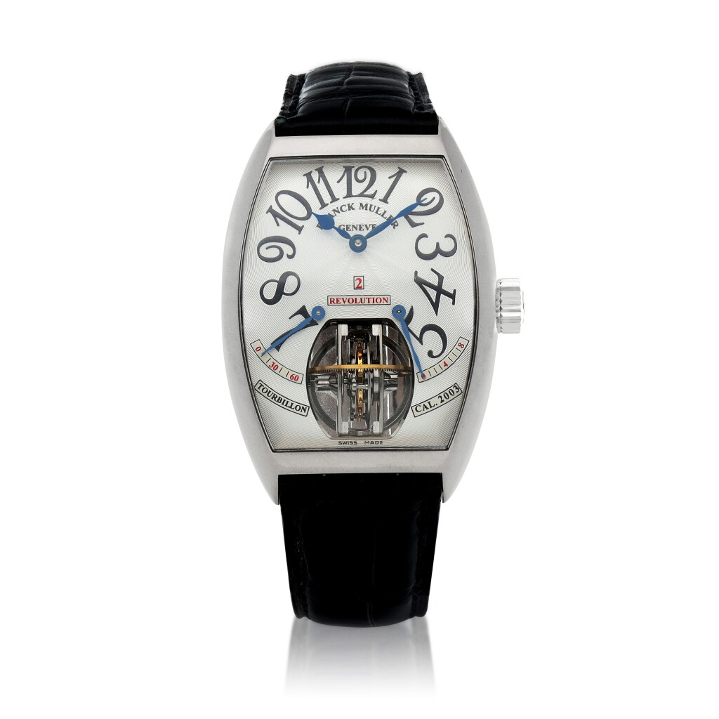 View full screen - View 1 of Lot 28. Revolution 2 White gold bi-axial tourbillon wristwatch with retrograde minutes and seconds Circa 2003 | Franck Muller「Revolution 2」白金雙軸式陀飛輪腕錶備逆跳分針及秒針,年份約2003.