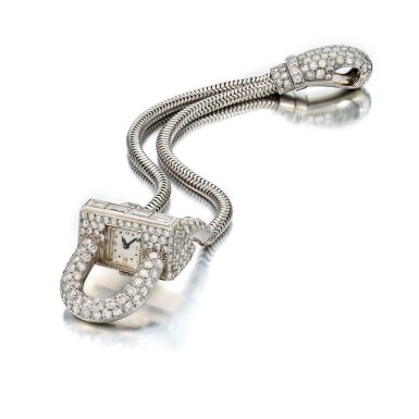 View full screen - View 1 of Lot 336. Platinum and Diamond 'Cadenas' Bracelet-Watch, France.