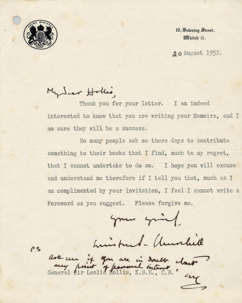 View full screen - View 1 of Lot 78. Winston S. Churchill | Typed letter signed ("Winston Churchill"), to General Sir Leslie Hollis, 20 August 1952.
