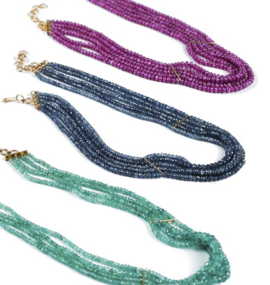 View full screen - View 1 of Lot 60. TROIS COLLIERS PIERRES DE COULEUR | THREE GEM SET NECKLACES.