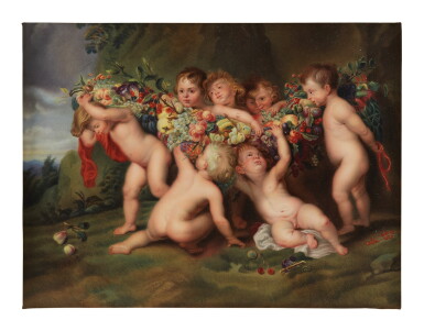 View full screen - View 1 of Lot 279. A BERLIN (K.P.M) PORCELAIN RECTANGULAR PLAQUE, 'THE GARLAND OF FRUIT', LATE 19TH CENTURY.
