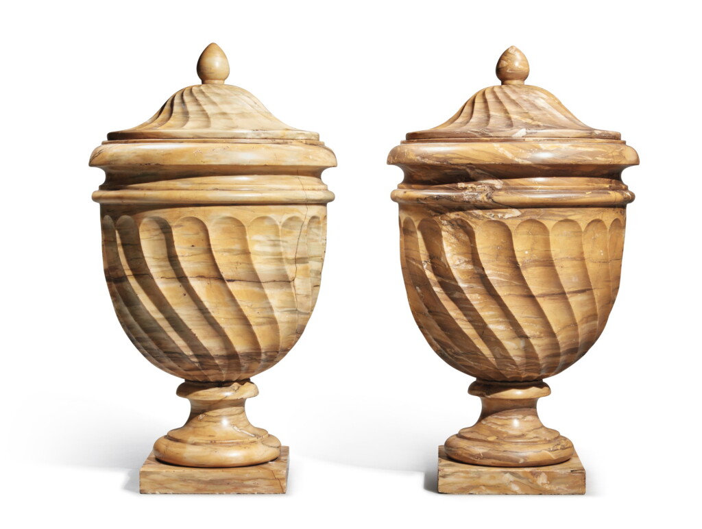 View full screen - View 1 of Lot 107. A Pair of Giallo Antico Large Covered Urns, 19th Century .