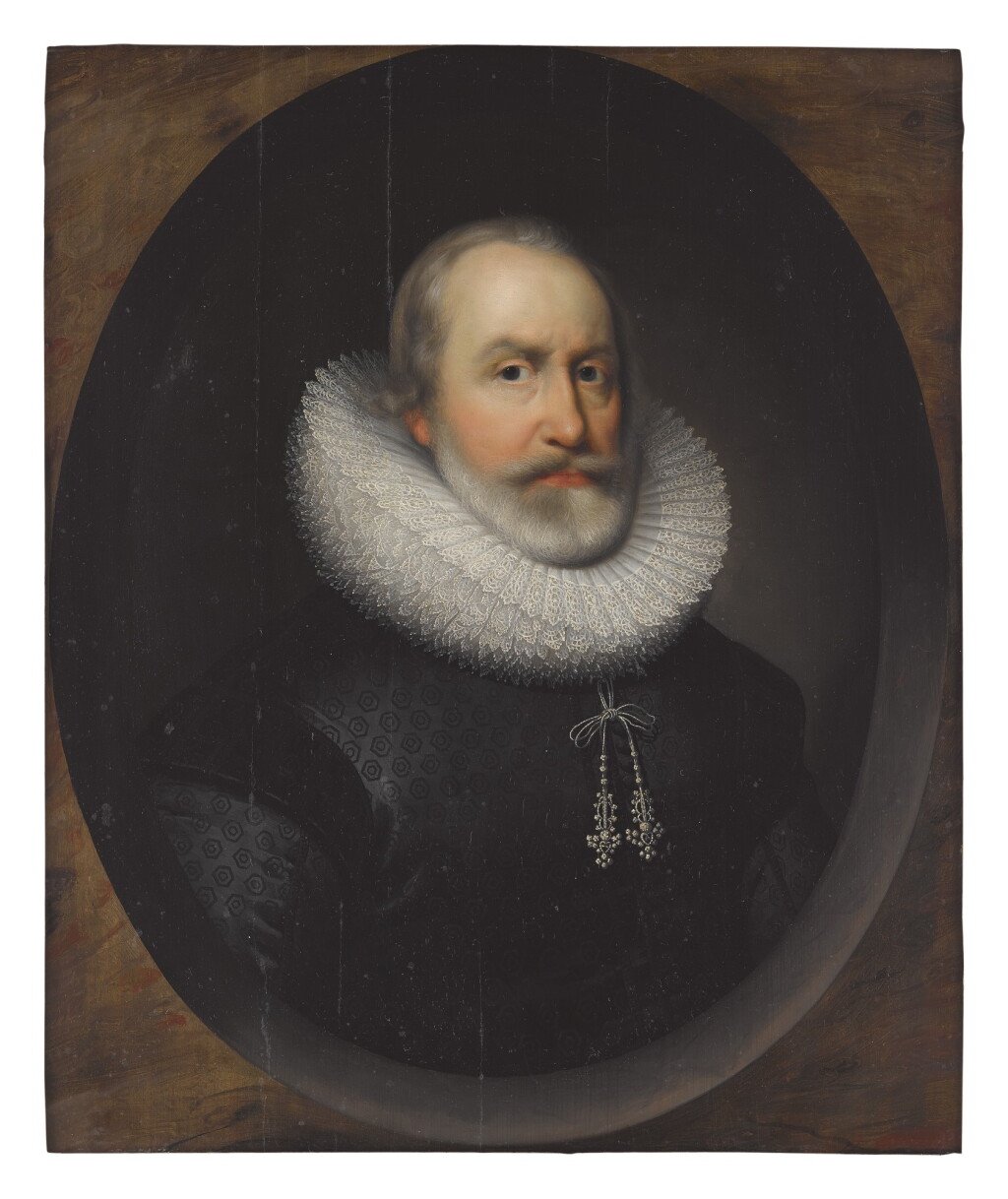View full screen - View 1 of Lot 5. CORNELIUS JOHNSON | PORTRAIT OF A GENTLEMAN, BUST LENGTH, IN A PAINTED OVAL.