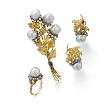 View full screen - View 1 of Lot 39. Buccellati |Cultured pearl and diamond brooch, ear clips and ring(Spilla, anello e orecchini in diamanti e perle coltivate, Buccellati).