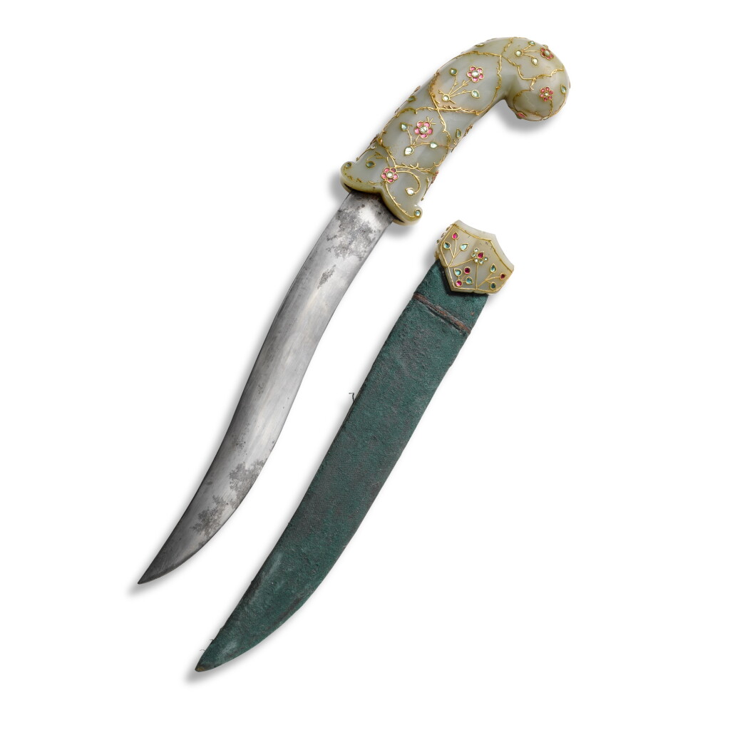 View full screen - View 1 of Lot 125. A Mughal jewelled jade-hilted dagger (khanjar), India, 18/19th century.