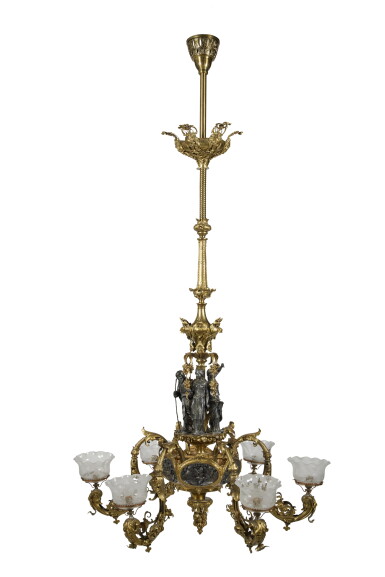View full screen - View 1 of Lot 804. Exceptional Gilded and Patinated Metal Figural Six-Armed Gasolier, Attributed to Cornelius and Baker (1852-1869), Philadelphia, Pennsylvania, Circa 1855.