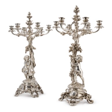 View full screen - View 1 of Lot 300. A PAIR OF FRENCH SILVER-PLATED SIX-LIGHT CANDELABRA, CHRISTOFLE, PARIS, CIRCA 1890.