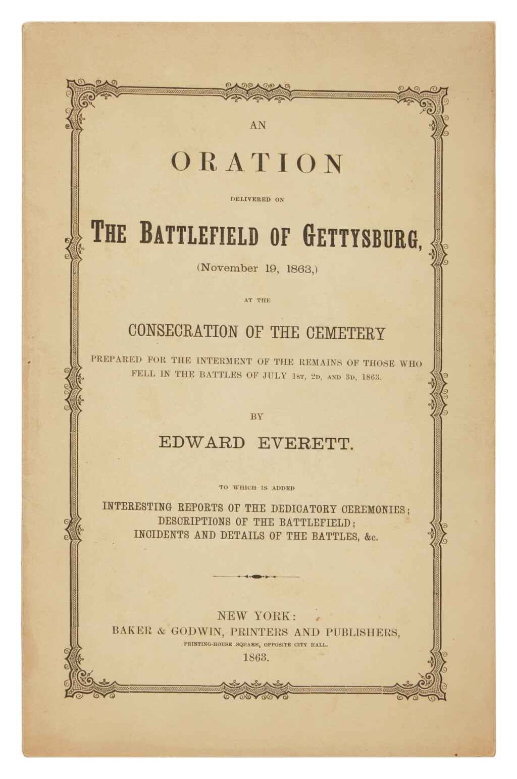 View full screen - View 1 of Lot 92. Lincoln, Abraham, and Edward Everett | The earliest publication of the Gettysburg Address in book form.
