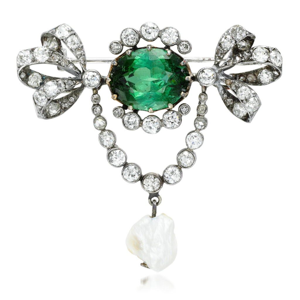 View full screen - View 1 of Lot 150. Green tourmaline, diamond and pearl brooch.