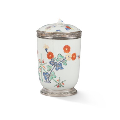 View full screen - View 1 of Lot 99. A silver-mounted Chantilly tobacco jar and cover, the porcelain circa 1740, the mounts 1738-1744.