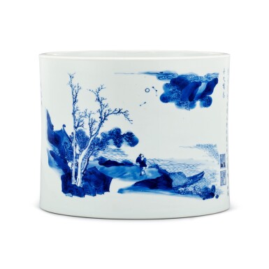 View full screen - View 1 of Lot 311. An inscribed blue and white 'fishermen' brushpot Qing dynasty, Kangxi period, Wenzhang shandou mark | 清康熙 青花題秋聲賦筆筒 《文章山斗》款.