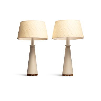 View full screen - View 1 of Lot 14. A pair of “Darius” wood gained with parchment and copper lamps, the model created in 1999.