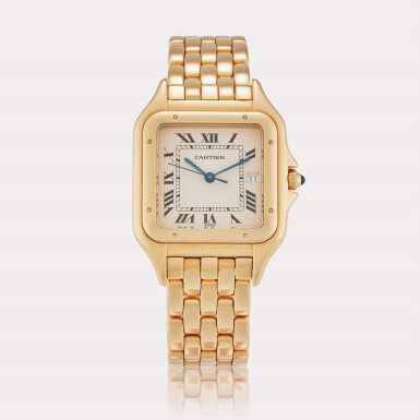 View full screen - View 1 of Lot 377. Reference 8839 Panthère | A yellow gold wristwatch with date and bracelet, Circa 1990.