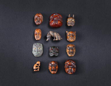 View full screen - View 1 of Lot 317. A group of twelve wood and copper-alloy netsuke, Japan, 19th century.