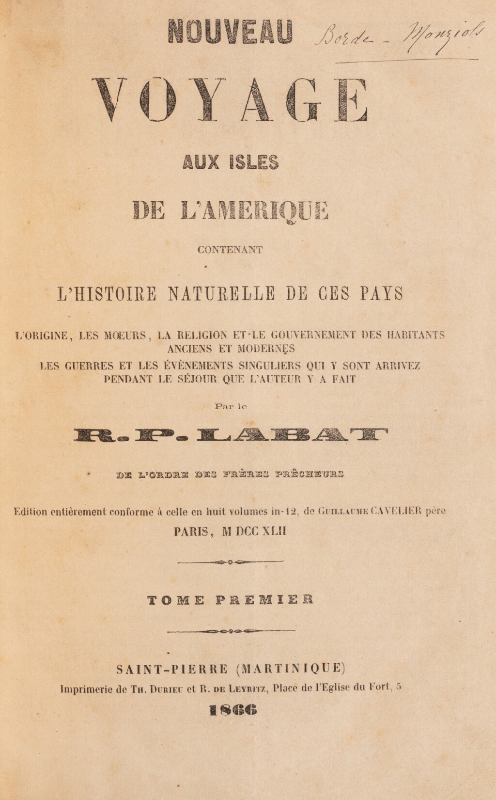 View full screen - View 1 of Lot 247. Nouveau Voyage aux Isles de l'Amerique... Saint-Pierre (Martinique), 1866-1868. 8 tomes en un volume in-8. Reliure moderne. Rare impression martiniquaise..