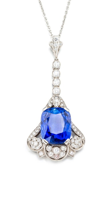 View full screen - View 1 of Lot 1674. Sapphire and Diamond Pendent Necklace | 蒂芙妮 | 8.04克拉 天然「緬甸」藍寶石 配 鑽石 項鏈.