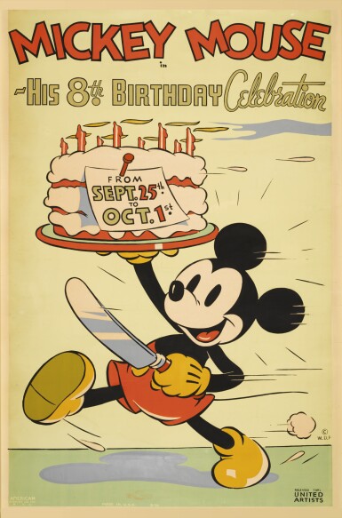 View full screen - View 1 of Lot 2. Mickey Mouse in His 8th Birthday Celebration (1936) poster, US.