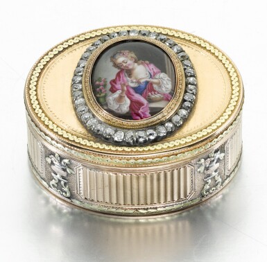 View full screen - View 1 of Lot 7. A jewelled four-colour gold and enamel snuff box, Daniel Marchand & Co., Hanau, circa 1775.