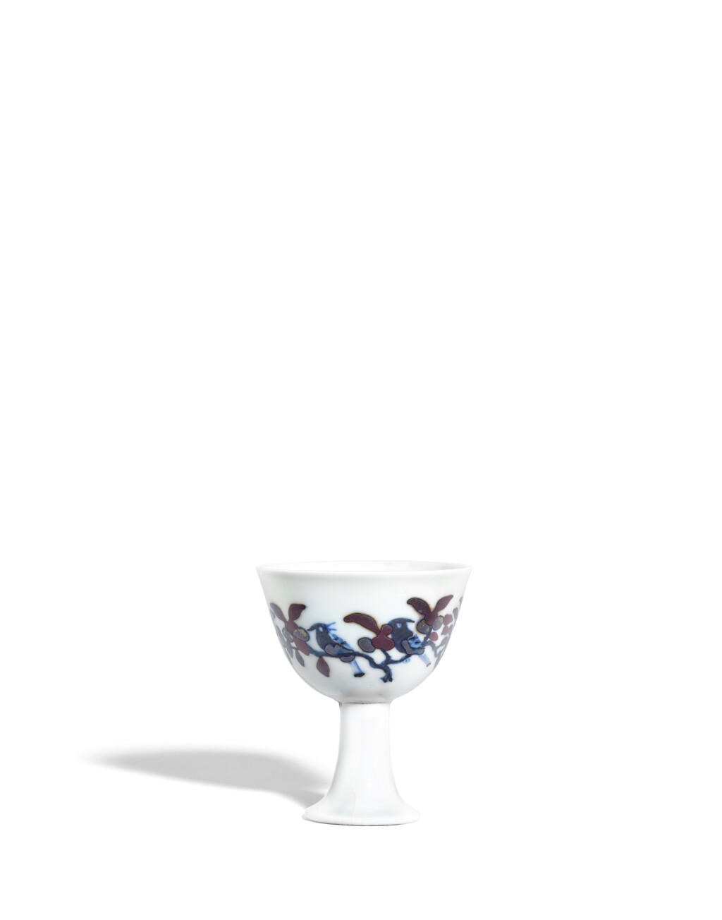 View full screen - View 1 of Lot 3850. An exceedingly rare doucai 'bird' stem cup, Mark and period of Chenghua | 明成化 鬪彩果樹雙禽圖高足盃 《大明成化年製》款.
