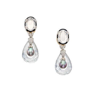 View full screen - View 1 of Lot 4. Pair of Cultured Pearl, Rock Crystal, Enamel and Diamond Earclips.