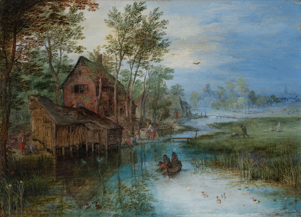 View full screen - View 1 of Lot 9. Landscape with a rowing boat beside riverside cottages 《風景:河面小舟與河邊小屋》.