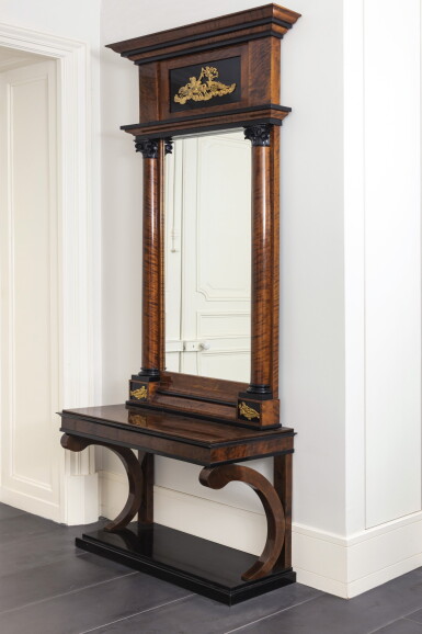 View full screen - View 1 of Lot 213. Mirror and its console in mahogany veneer, blackened wood and gilt bronze, Biedermeier period, circa 1840 Miroir et sa console en placage d'acajou, bois noirci et bronze doré, époque Biedermeier, vers 1840.