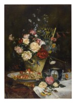 EUGÈNE HENRI CAUCHOIS | STILL LIFE WITH ROSES, CHERRIES AND GRAPES