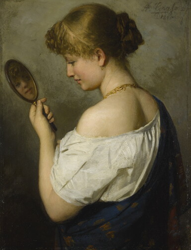 View full screen - View 1 of Lot 776. Attributed to Adolf Joseph Grass | PORTRAIT OF A YOUNG GIRL WITH MIRROR.