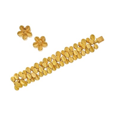 View full screen - View 1 of Lot 1. Gold 'Coffee Bean' Bracelet and Pair of Earclips, France.