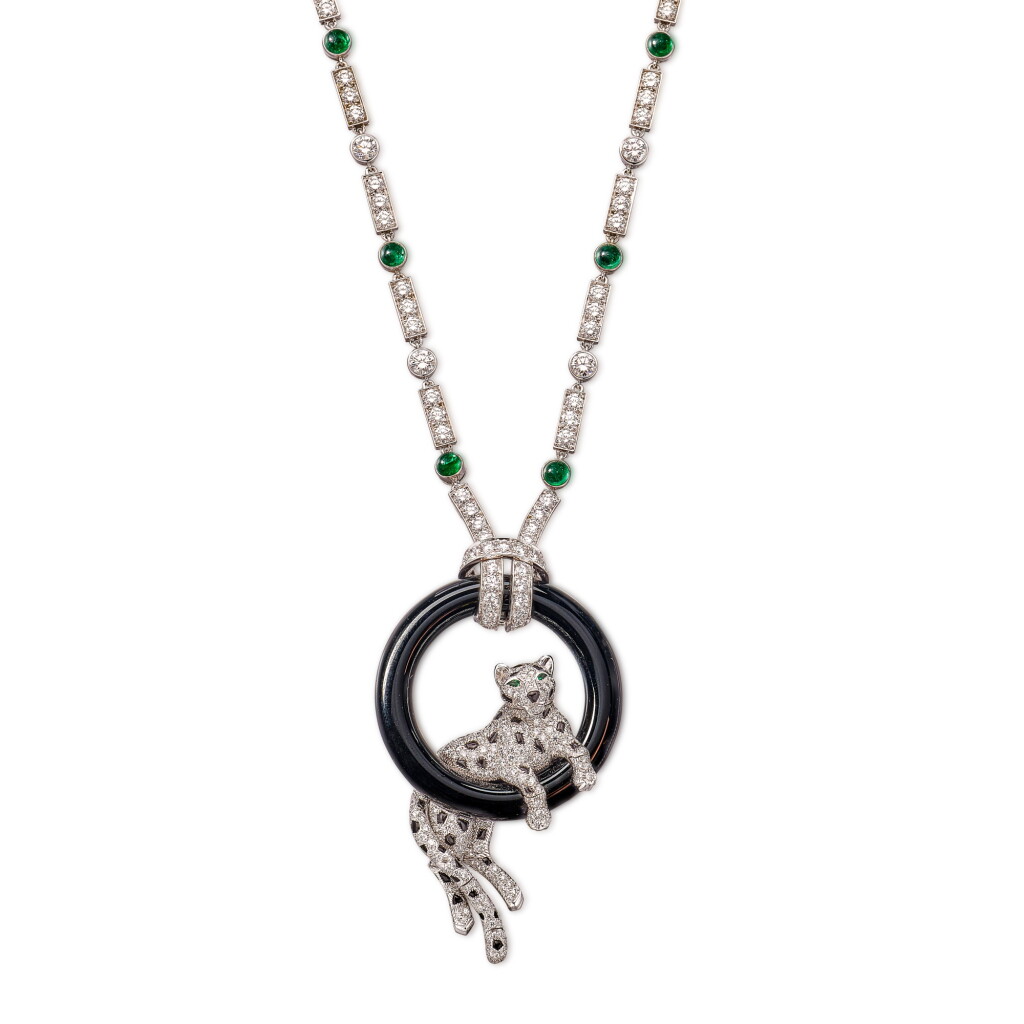 View full screen - View 1 of Lot 316. 'Panthère' Onyx, Emerald and Diamond Necklace | 卡地亞 | 'Pantheré' 縞瑪瑙, 祖母綠 及 鑽石 項鏈.