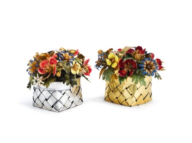 View full screen - View 1 of Lot 247. TWO BASKETS OF ENAMELED FLOWERS, SILVER AND SILVER-GILT, CARTIER, NEW YORK, MID 20TH CENTURY.