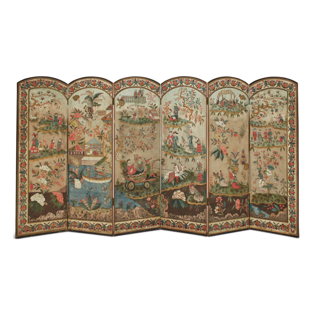 View full screen - View 1 of Lot 895. A SIX-FOLD PAINTED CANVAS CHINOISERIE SCREEN, MID-19TH CENTURY.