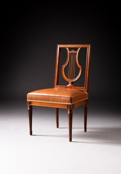View full screen - View 1 of Lot 302. A set of six royal Louis XVI mahogany and mahogany venereed chairs, stamped by Jean-Baptiste Claude Sené | Suite de six chaises royales en acajou et placage d'acajou d'époque Louis XVI, estampille de Jean-Baptiste Claude Sené.